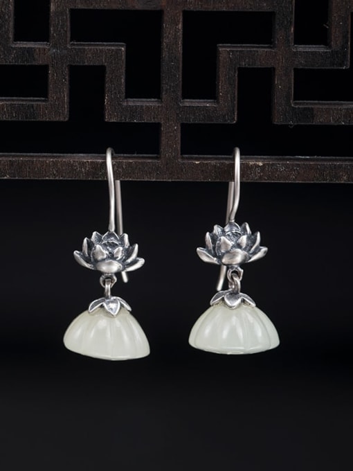 Hetian Yulian Peng Lotus Earrings 925 Sterling Silver Jade Flower Vintage Drop Earring