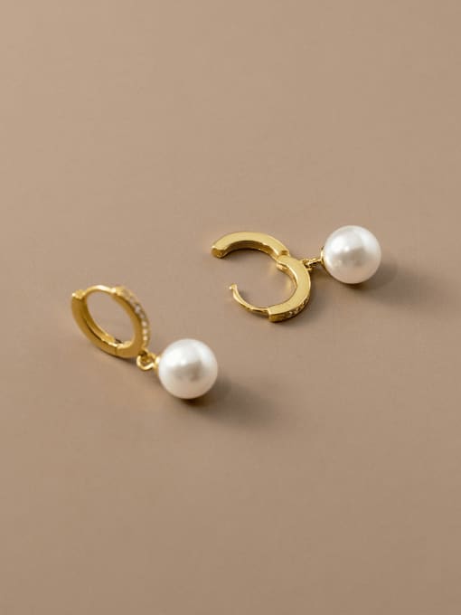 Gold 925 Sterling Silver Imitation Pearl Geometric Minimalist Huggie Earring