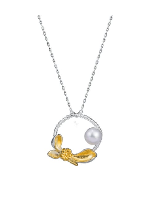 SILVER MI 925 Sterling Silver Freshwater Pearl Lotus Flower Vintage Necklace 0