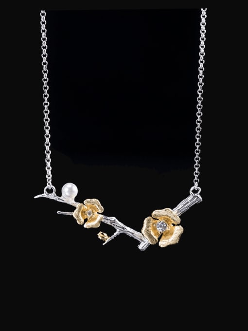 SILVER MI 925 Sterling Silver Imitation Pearl Flower Vintage Necklace