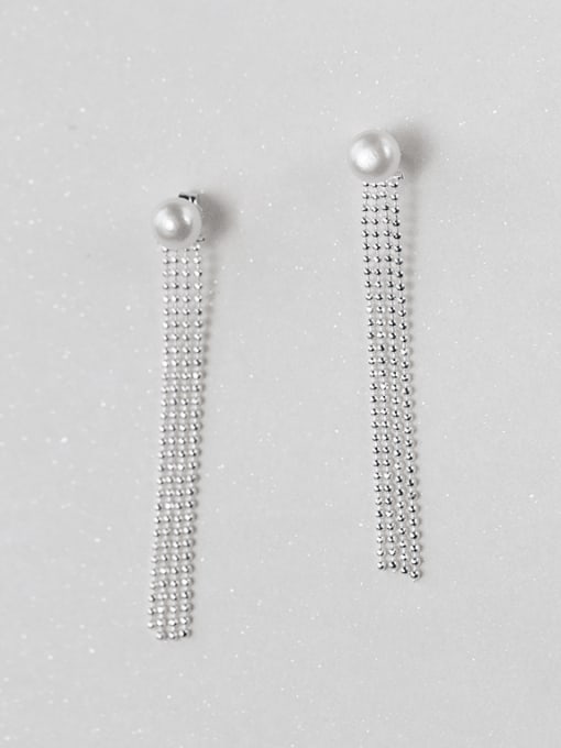 Rosh 925 Sterling Silver Imitation Pearl Tassel Minimalist Drop Earring 0