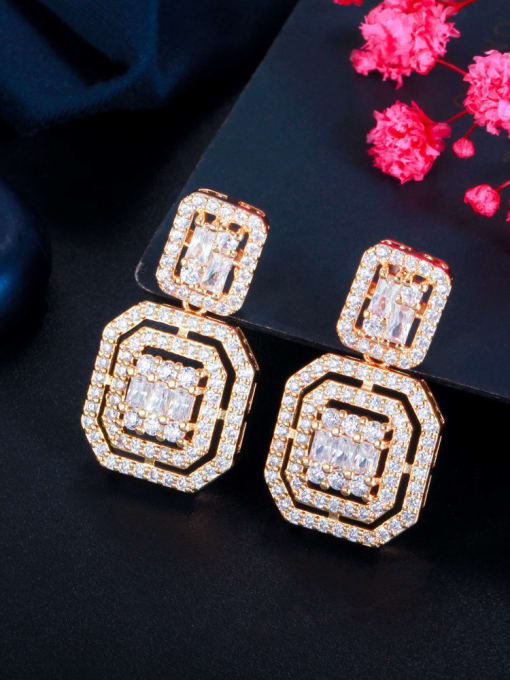 Golden Brass Cubic Zirconia Geometric Luxury Drop Earring