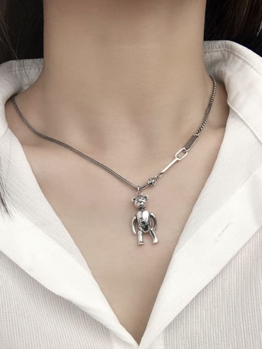 SHUI Vintage Sterling Silver With Antique Silver Plated Cute Little Bear Necklaces 1