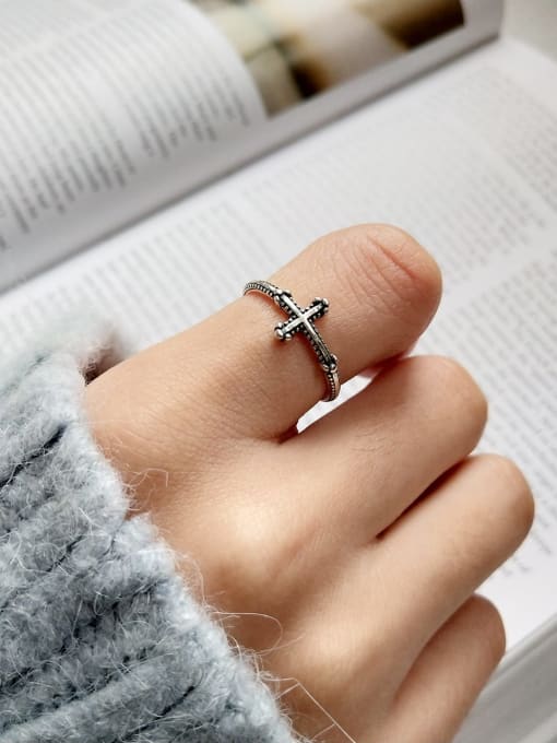 Boomer Cat 925 Sterling Silver Cross Vintage Free Size Midi Ring 0