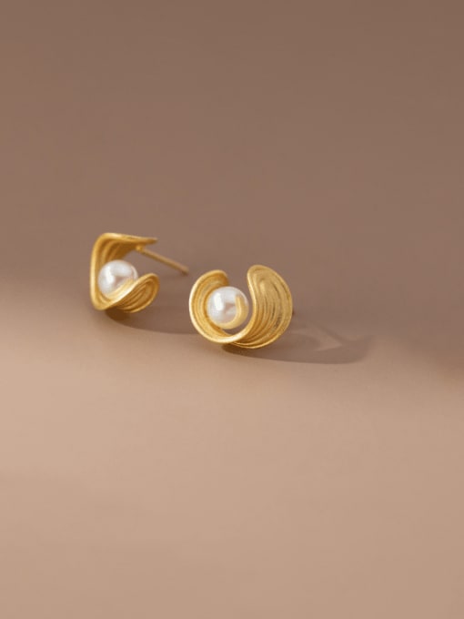 gold 925 Sterling Silver Imitation Pearl Geometric Minimalist Stud Earring