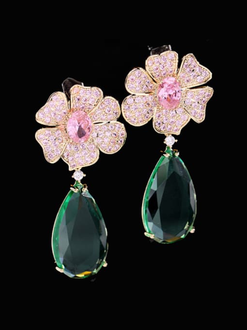 Pink +green zirconium Brass Cubic Zirconia Flower Statement Drop Earring