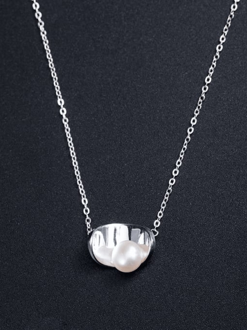 SILVER MI 925 Sterling Silver Imitation Pearl Geometric Minimalist Necklace 0