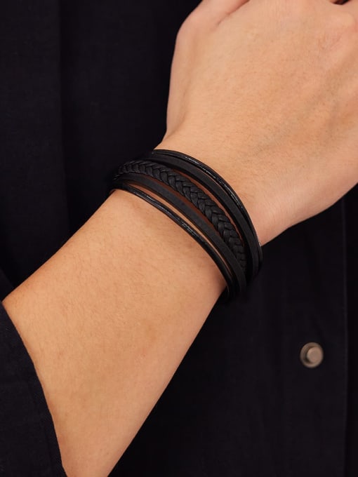 Open Sky Titanium Steel Artificial Leather Weave Hip Hop Strand Bracelet 1