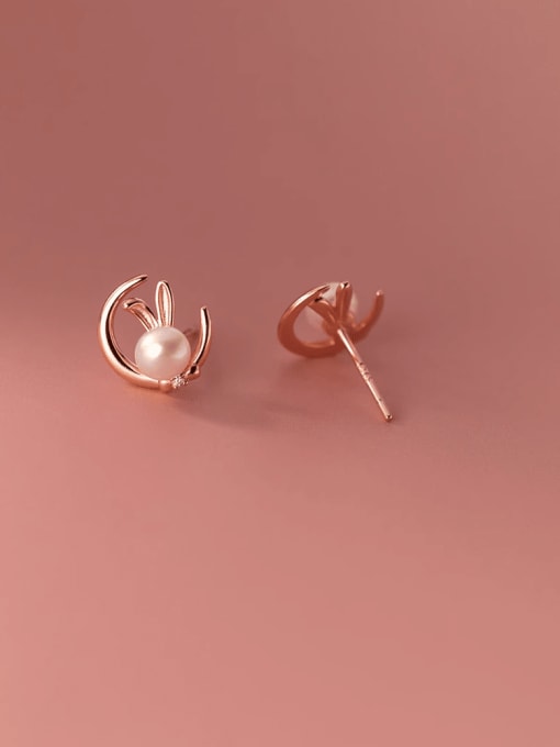Rose Gold 925 Sterling Silver Imitation Pearl Rabbit Minimalist Stud Earring