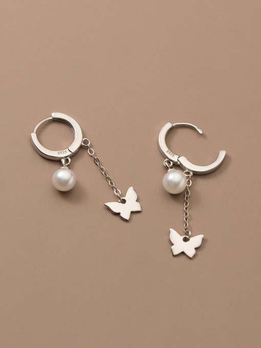 Rosh 925 Sterling Silver Imitation Pearl Butterfly Tassel Minimalist Huggie Earring 3