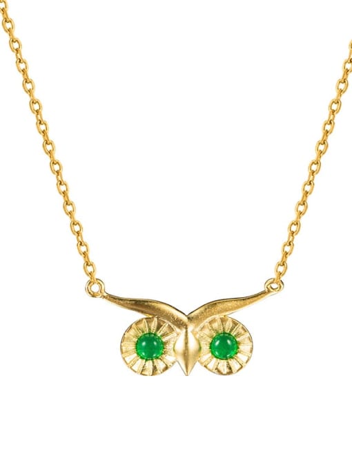 SILVER MI 925 Sterling Silver Jade Vintage Owl  Pendant Necklace 2