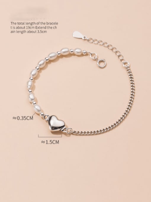 Rosh 925 Sterling Silver Freshwater Pearl Heart Minimalist Asymmetry  Link Bracelet 3