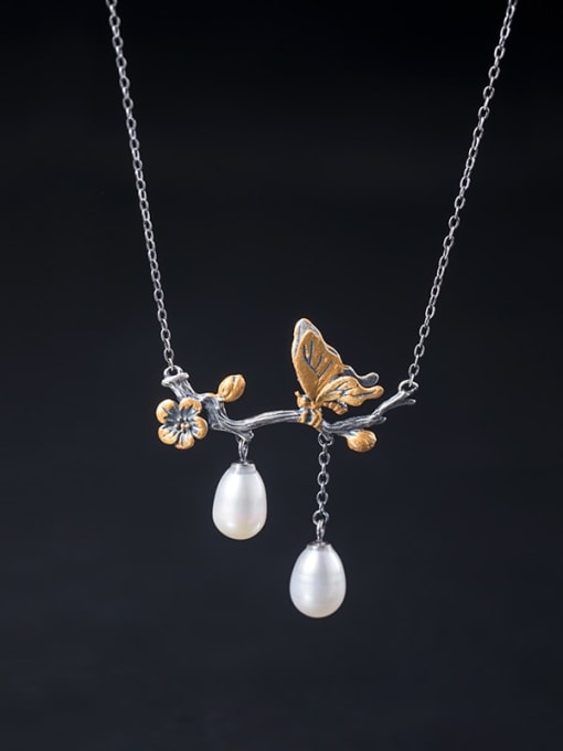 SILVER MI 925 Sterling Silver Imitation Pearl Branch Butterfly Vintage Tassel Necklace
