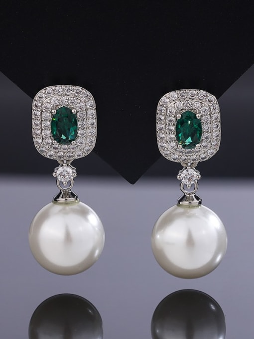 Green Nano White Bead Earrings Brass Imitation Pearl Luxury Geometric  Earring and Necklace Set
