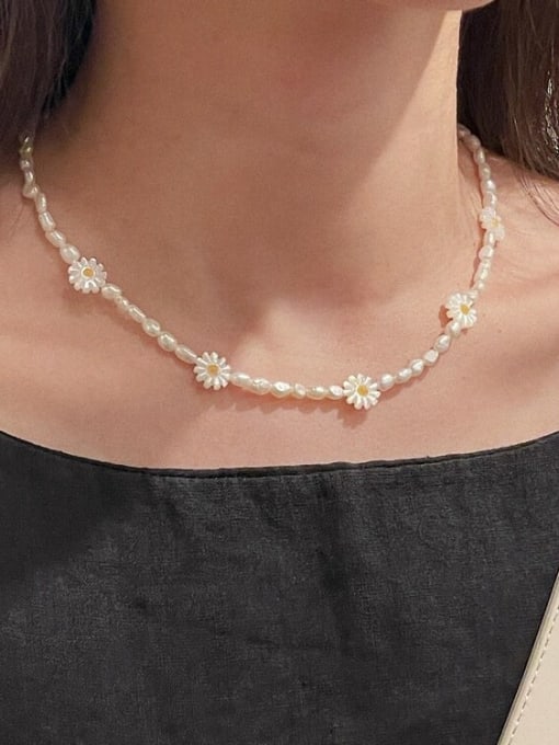 Boomer Cat 925 Sterling Silver Freshwater Pearl Flower Minimalist Beaded Necklace 2