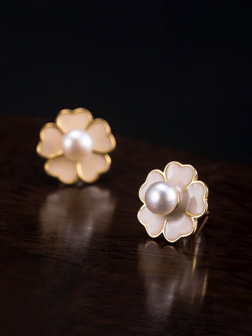 SILVER MI 925 Sterling Silver Imitation Pearl Enamel Flower Minimalist Stud Earring 1