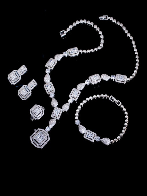 Platinum 4-piece set Brass Cubic Zirconia  Luxury Geometric Ring Earring Braclete And Necklace Set