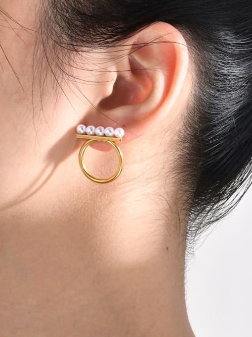 CONG Stainless steel Imitation Pearl Geometric Minimalist Huggie Earring 1