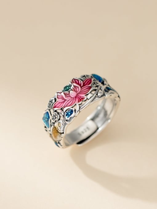 S925 Silver Ring 925 Sterling Silver Enamel Flower Vintage Band Ring