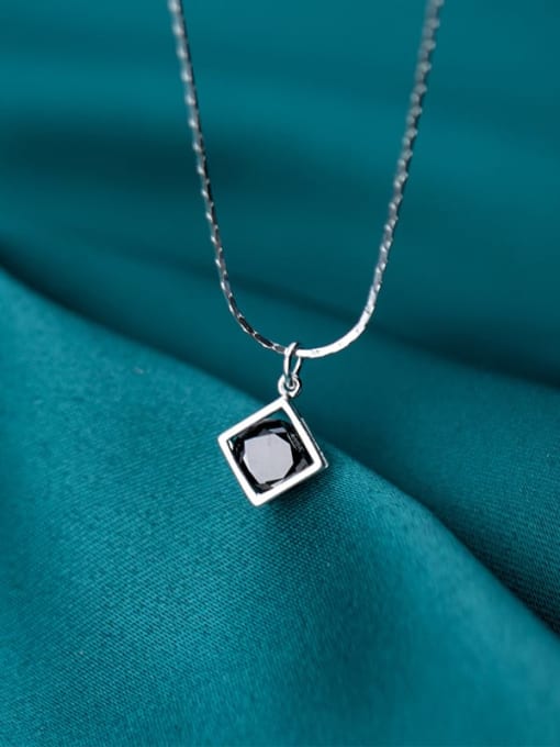 Rosh 925 Sterling Silver Cubic Zirconia Black Simple square pendant  Necklace 1