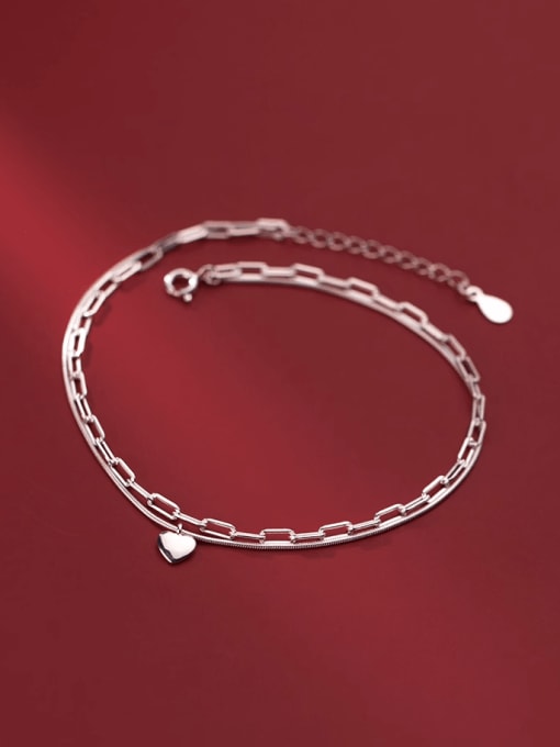 Rosh 925 Sterling Silver Heart Minimalist Double Layer Chain Anklet 1