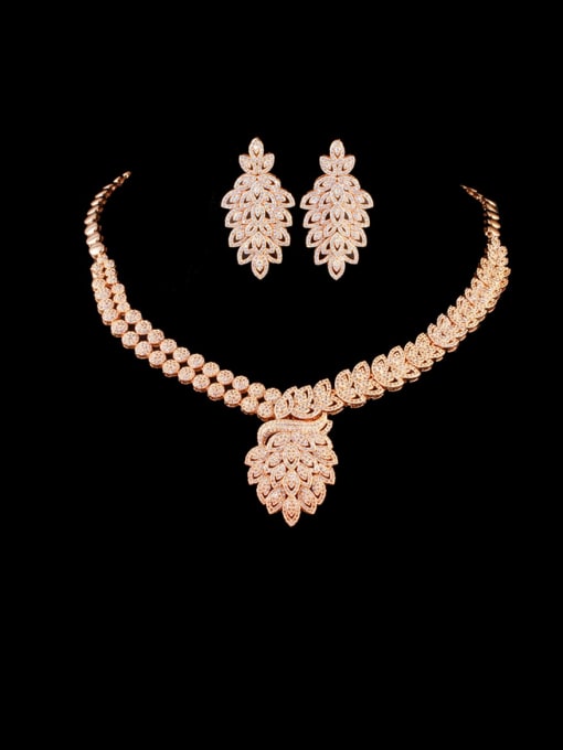 Rose Gold suit Brass Cubic Zirconia Luxury Leaf Earring and Necklace Set