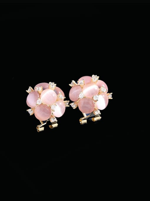 Pink Brass Cats Eye Flower Minimalist Stud Earring