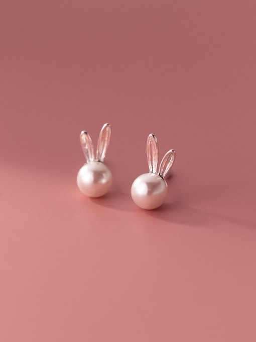 Rosh 925 Sterling Silver Imitation Pearl Rabbit Cute Stud Earring 0