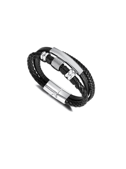 PH1580 leather bracelet Stainless steel Artificial Leather Weave Hip Hop Strand Bracelet
