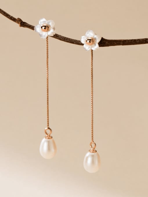 White 925 Sterling Silver Imitation Pearl Flower Minimalist Drop Earring