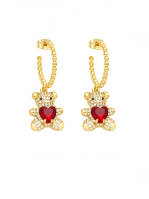 red Brass Cubic Zirconia Bear Heart Cute Huggie Earring