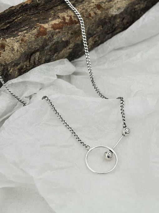SHUI Vintage  Sterling Silver With Antique Silver Plated Simplistic Hollow Geometric Necklaces 3
