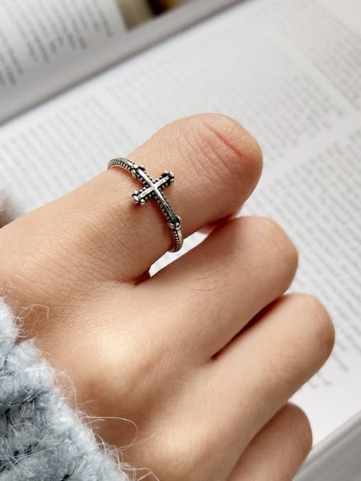 Boomer Cat 925 Sterling Silver Cross Vintage Band Ring 1