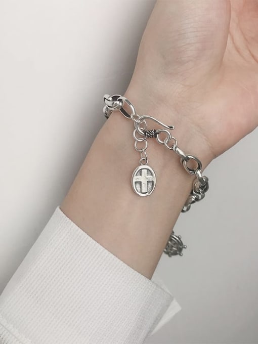 SHUI Vintage Sterling Silver With Simple Retro Hollow Chain Cross Bracelets 2