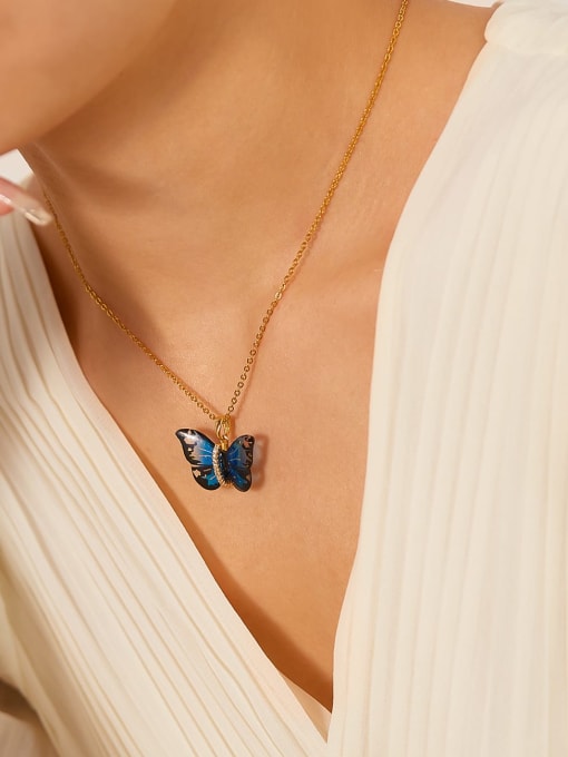 Open Sky Brass Glass Stone Butterfly Minimalist Necklace 1