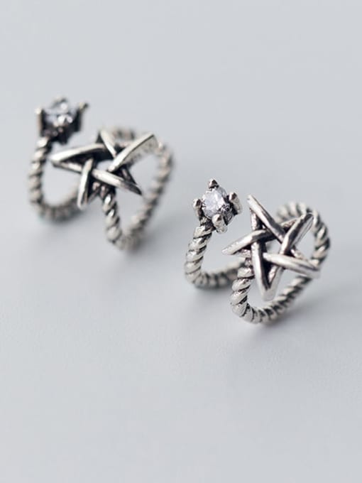 Rosh 925 Sterling Silver Retro thread double layer Pentagram Ear clip without pierced ears 2