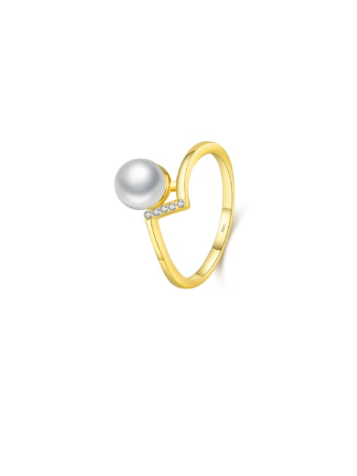 Gold 925 Sterling Silver Imitation Pearl Irregular Minimalist Band Ring