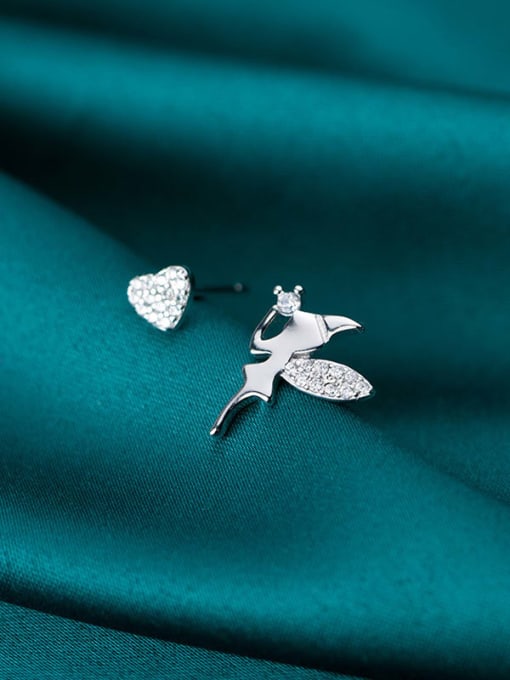 Rosh 925 Sterling Silver Cubic Zirconia Asymmetric Angel Heart Cute Stud Earring 0