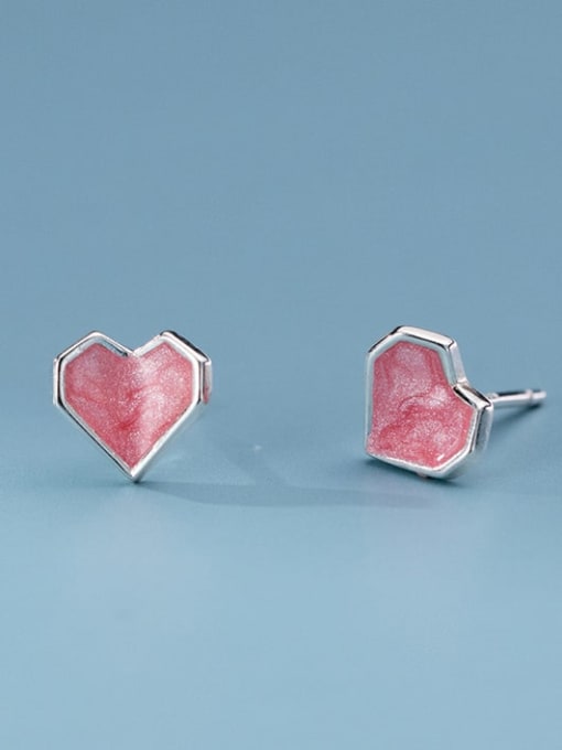 Pink 925 Sterling Silver Enamel Heart Minimalist Stud Earring