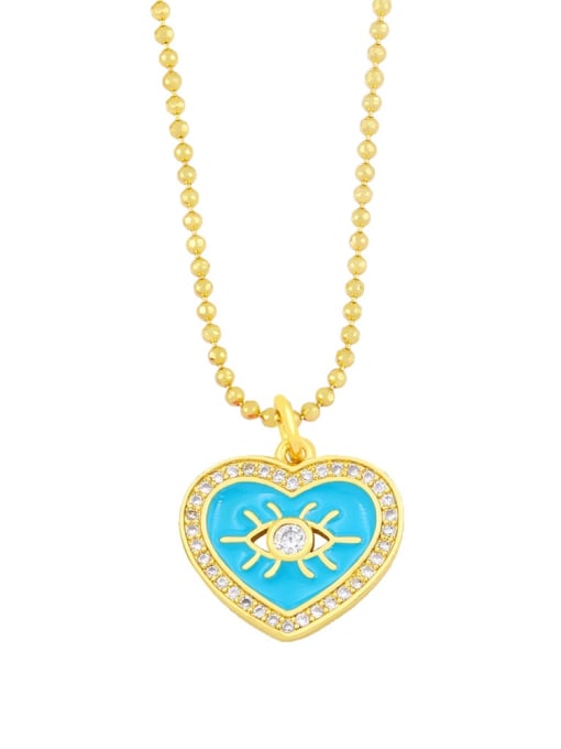blue Brass Rhinestone Enamel Evil Eye Vintage Heart  Pendant Necklace