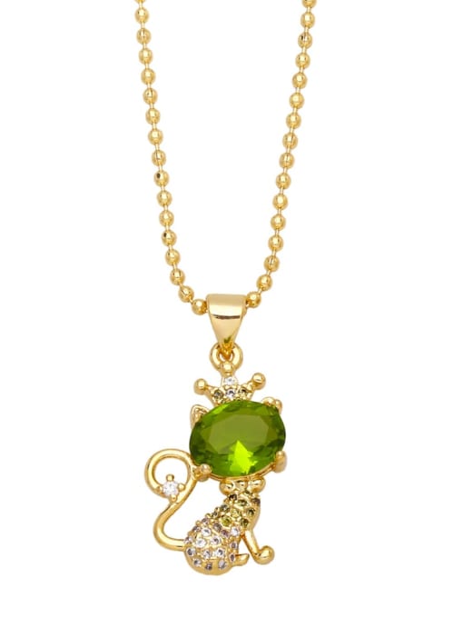 Light green Brass Cubic Zirconia Crown Vintage Cat Pendant Necklace