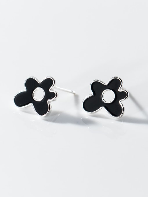 Black 925 Sterling Silver Enamel Flower Cute Stud Earring