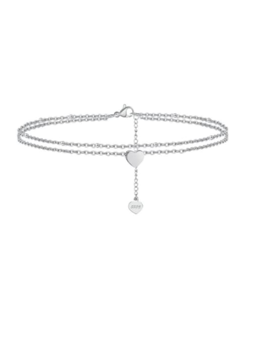 platinum 925 Sterling Silver Heart Minimalist Double Layer Chain Anklet