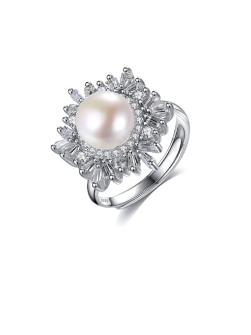 CCUI 925 Sterling Silver Freshwater Pearl  Flower Trend Band Ring 0