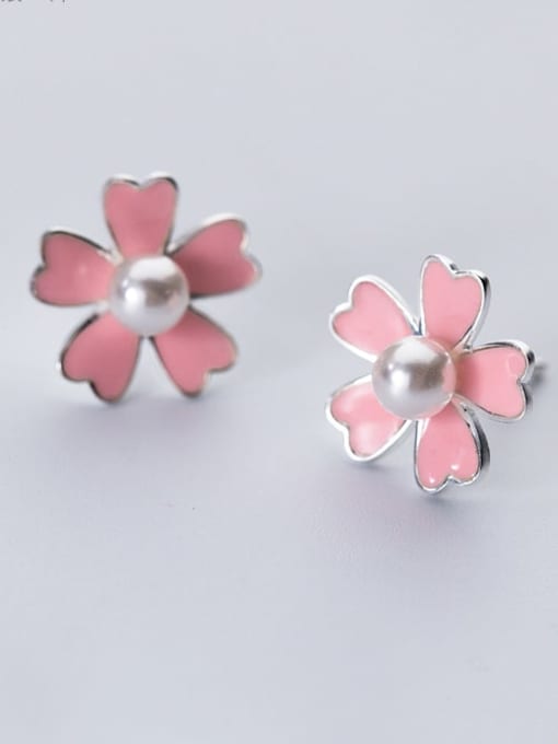 Rosh 925 sterling silver imitation pearlenamel flower minimalist stud earring 2