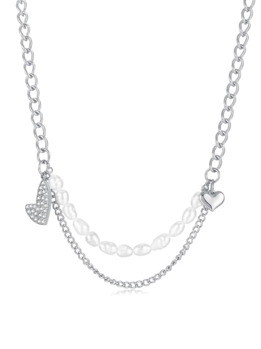Open Sky Titanium Steel Freshwater Pearl Heart Minimalist Multi Strand Necklace 4