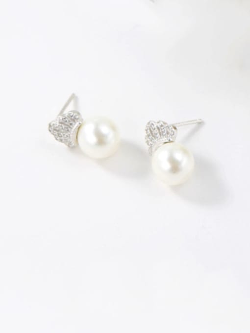 Boomer Cat 925 Sterling Silver Imitation Pearl Crown Dainty Stud Earring 1