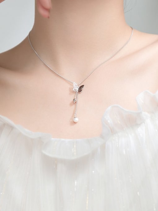 Rosh 925 Sterling Silver Imitation Pearl  Butterfly Minimalist Lariat Necklace 2