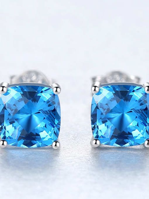 Blue 18e08 925 Sterling Silver Cubic Zirconia Blue Square Luxury Stud Earring