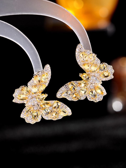 gold Yellow  large Brass Cubic Zirconia Butterfly Luxury Cluster Earring